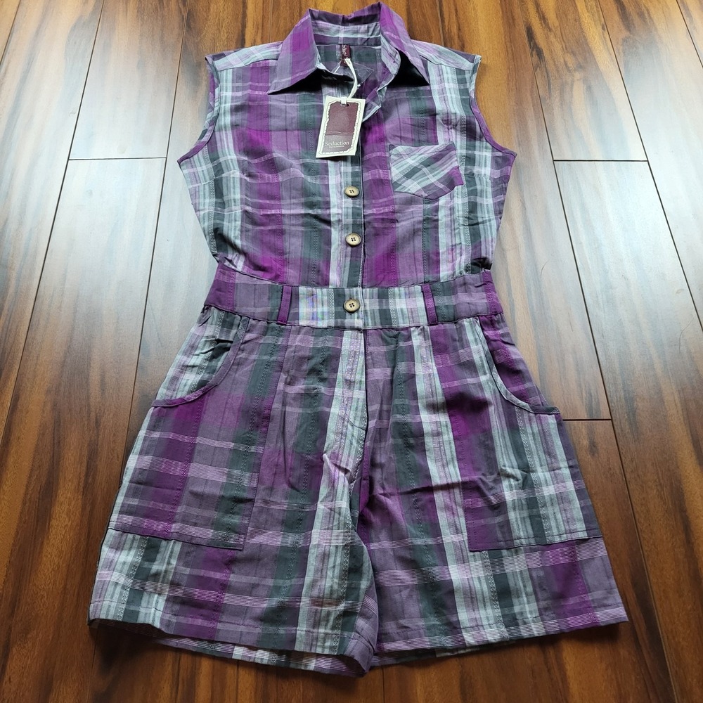 Seduction Brand Purple Plaid Sleeveless Romper Size Small 100% Cotton